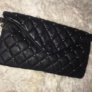Black leather Clutch with Gold Studs